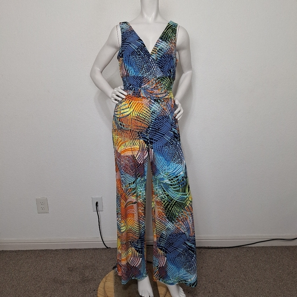 Cappagallo *NEW* Black Multi Tropical Bohemian V-Neck Wide Leg Jumpsuit Size S